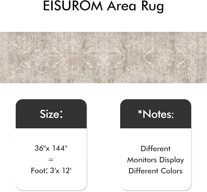 Washable 3x12 Runner Rug - Non-Slip Vintage Runner Rug for Entryway Low-Pile Medallion Long Rugs for Hallway Waterproof Traditional Runner Rugs Indoor Thin Rug for Kitchen (Beige)