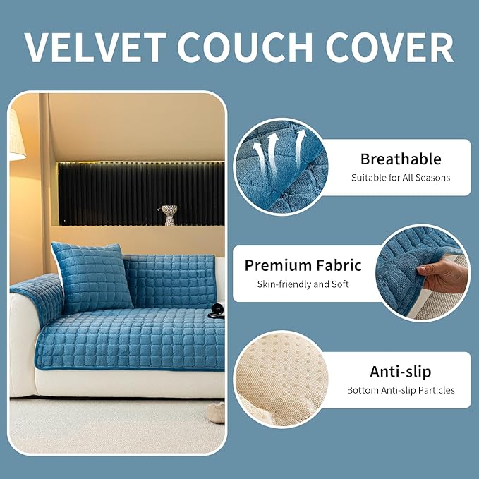 Velvet Couch Cover, Plush Sectional Sofa Cover Washable, Anti Slip Sofa Slipcover for 3-4 Cushions Sofas, Furniture Protector Covers for Pets & Kids(1PC, Black, 35.4"×82.6", 3-4 Seater)