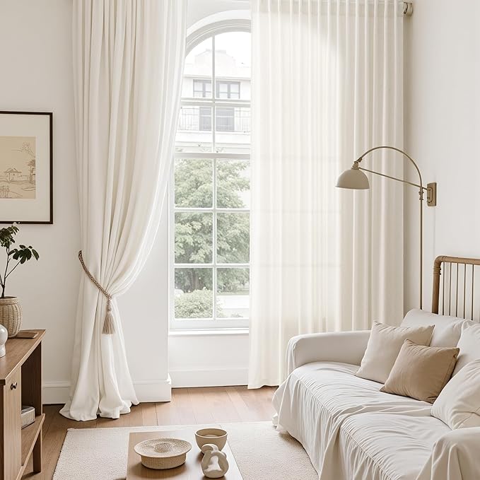 Modern Linen Curtains for Living Room 120 Inches Long Light Filtering Semi Sheer Curtain Back Tab Neutral Luxury Modern Farmhouse Decor Floor to Ceiling High Window for Bedroom 52x120, 2 Panels