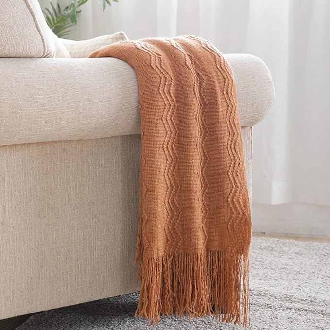 BOURINA Almond Throw Blanket 60x80 Inches Throw Textured Solid Soft Sofa Throw Couch Knitted Decorative Blanket