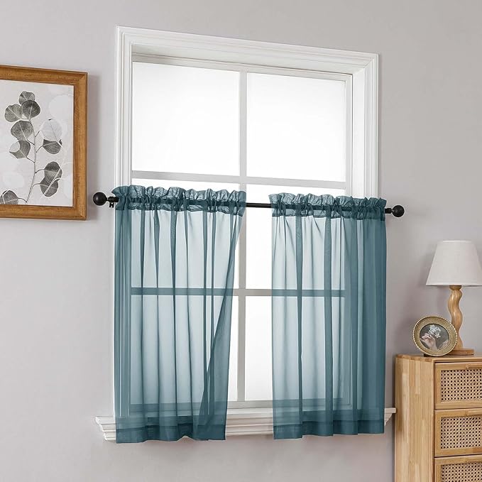 Small Sheer Curtains 2 Panels Set, Kitchen Curtains 36 Inch Length, Elegant Light Filtering Short Window Drapes for Living Room Bedroom, Dual Rod Pocket Design, Dusty Blue, 2x42Wx36L Inches