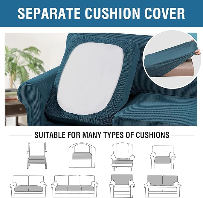 H.VERSAILTEX 4 Piece Stretch Sofa Covers for 3 Cushion Couch Covers for Living Room Furniture Slipcovers (Base Cover Plus 3 Seat Cushion Covers) Thicker Jacquard Fabric (Large Sofa, Deep Teal)