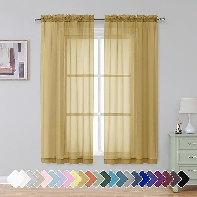 Simplebrand Gold Short Sheer Curtains 45 Inch Length for Small Windows, Rod Pocket 2 Panels Set Solid Voile Drapes Window Sheer Curtains for Bedroom Bathroom Kids Room Kitchen, 42x45 Inch, 2pcs