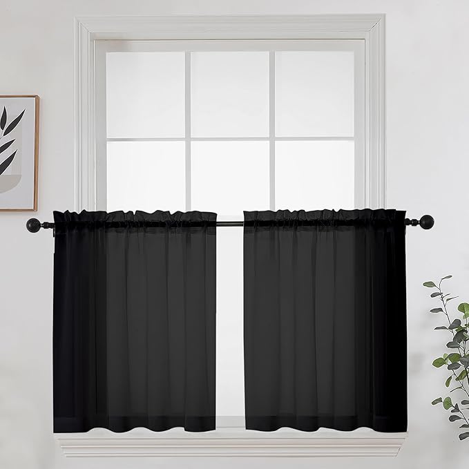 OWENIE Short Sheer Curtains 24 Inches Long 2 Panels for Bathroom Window, Rod Pocket Light Filtering Sheer Tier Curtains for Small Kitchen Laundry Room, RV, Camper Travel Trailers, 42 W x 24 L, Black