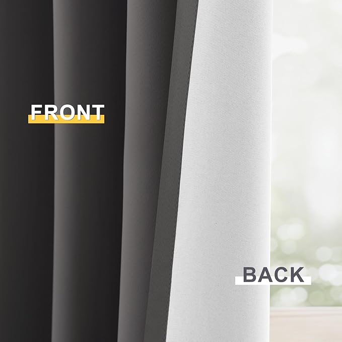 Yakamok 100% Blackout Curtain Panels 84 inches Cold and Light Blocking Drapes for Nursery, 2 Thick Layers Thermal Insulated Draperies (2 Pieces, 50 Wide Each Panel, Charcoal Grey/White Backing)