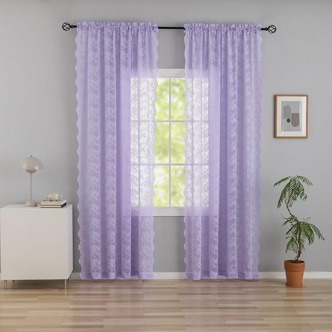 YJ YANJUN Vintage Lace Curtains 84 Inches Long-Victorian Floral Pattern Lavender Sheer Curtain Panels for Living Room Bedroom,Light Filtering, Romantic Girly Drapes 2 Panels 52W x 84L Light Purpel