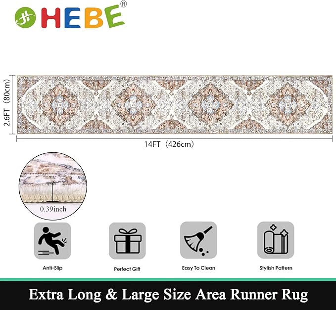 HEBE Hallway Runner Rug 2'8''x14' Washable Vintage Distressed Area Rugs Non Slip Laundry Rug Runner Boho Floor Carpet Runners for Hallways Entryway Laundry Room Kitchen Bathroom