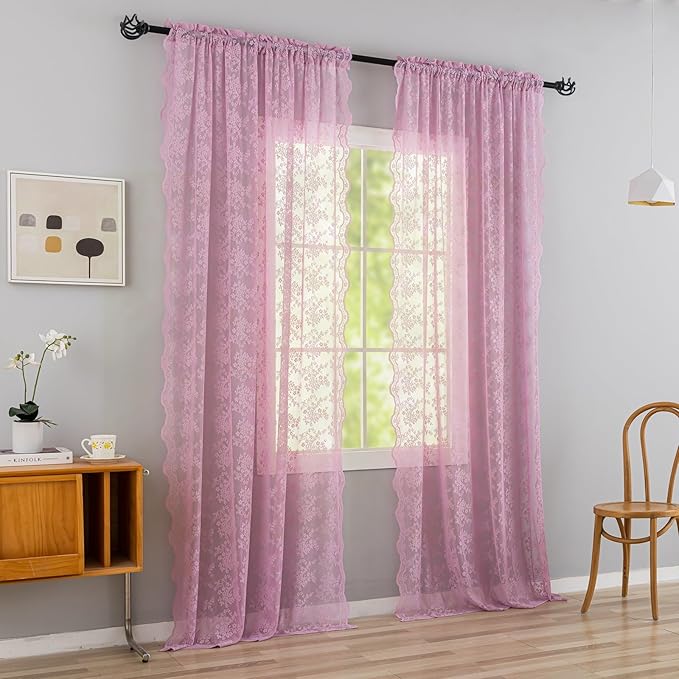 YJ YANJUN Vintage Lace Curtains 84 Inches Long-Victorian Floral Pattern Lalic Sheer Curtain Panels for Living Room Bedroom,Light Filtering, Cute Girls Drapes 2 Panels 52W x 84L Purple Blush