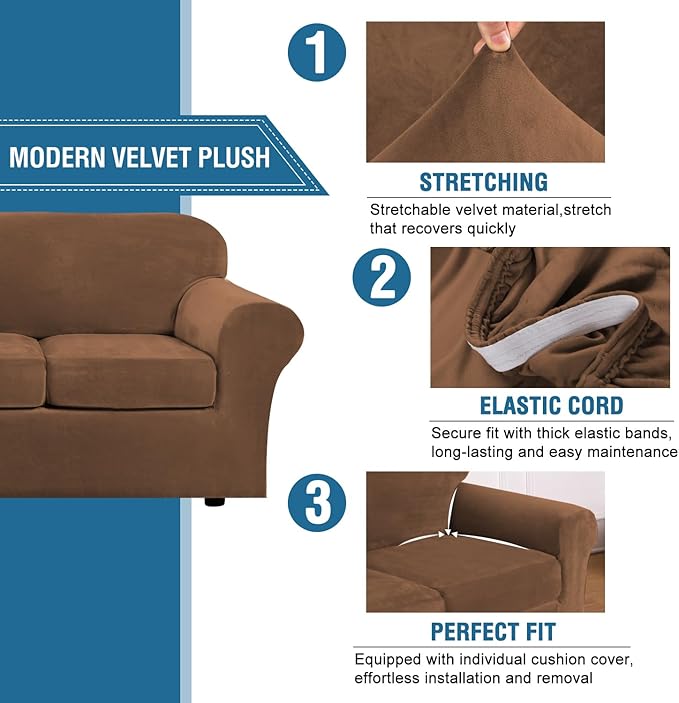 H.VERSAILTEX Modern Velvet Plush 4 Piece High Stretch Sofa Slipcover Sofa Cover Furniture Protector Form Fit Luxury Thick Velvet Sofa Cover for 3 Cushion Couch Width Up to 90 Inch (Sofa, Caramel)