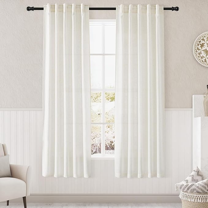 Nanspring Light Filtering Linen Curtains 72 inches Long for Bedroom/Living Room Linen Textured Semi Sheer Back Tab and Rod Pocket Boho Curtains for Small Window Cream 34 x 72 Inch,2 Panels