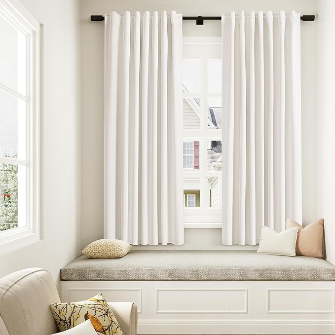 Ivory 100% Blackout Linen Curtains 63 Inch Length 2 Panels Set for Living Room Bedroom Back Tab Thermal Insulated Black Out Drapes Room Darkening Farmhouse Style for Bedroom Window Curtains 52x63