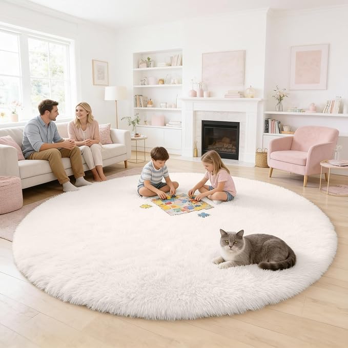OLANLY Ivory Round Rugs for Bedroom - Machine Washable, 6 ft Circle Area Rugs for Living Room, Soft and Fluffy Shaggy Carpet for Teen Girls and Boys, Nursery Rooms, Dorms, Home Decor Aesthetic