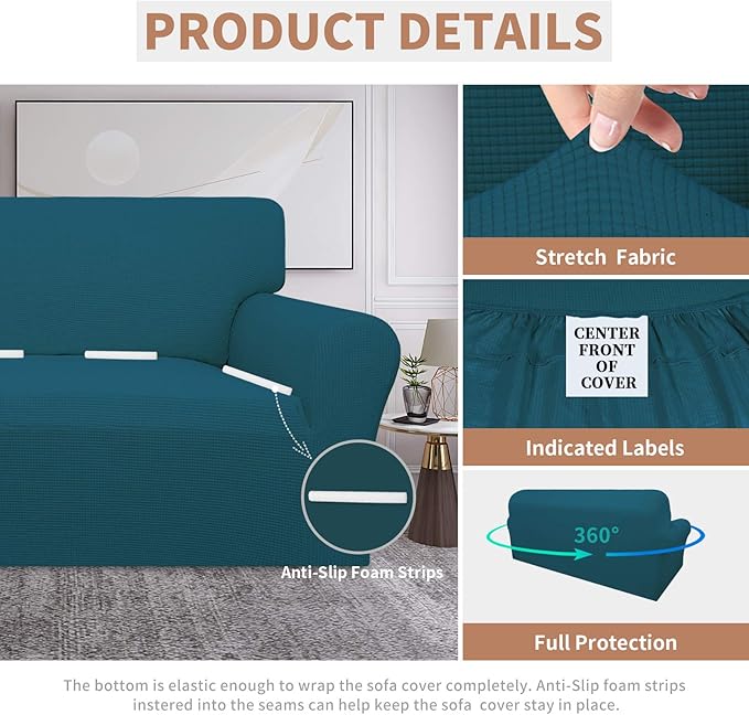 Easy-Going 100% Waterproof Couch Cover, Dual Waterproof Sofa Cover, Stretch Jacquard Sofa Slipcover, Leakproof Furniture Protector for Kids, Pets, Dog and Cat(Oversized Sofa, Peacock Blue)