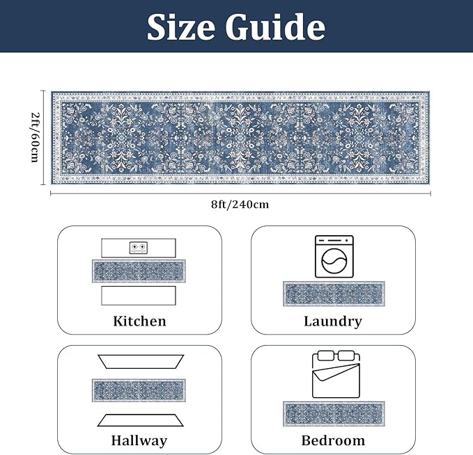 Yamaziot Washable Runner Rug 2x8 – Non Slip Boho Floral Hallway Runner Rug with Rubber Backing, Low Pile Wool Distressed Carpet for Kitchen, Laundry, Bedroom, Entrance, Blue