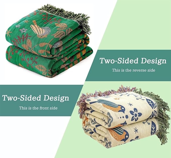 Green Fall Blanket 60''x 80'' Boho Throw Blankets for Couch Bed Chair,100% Cotton Quilts Christmas Warm Soft Blanket Muslin Bed Blankets Farmhouse Decoration