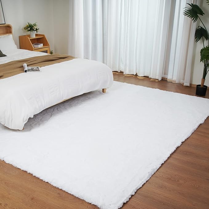 Ghouse White 8x10 Area Rug Fluffy Faux Rabbit Fur Rug White Plush Shag Rug for Living Room Bedroom, Playing Room, Nursery Room