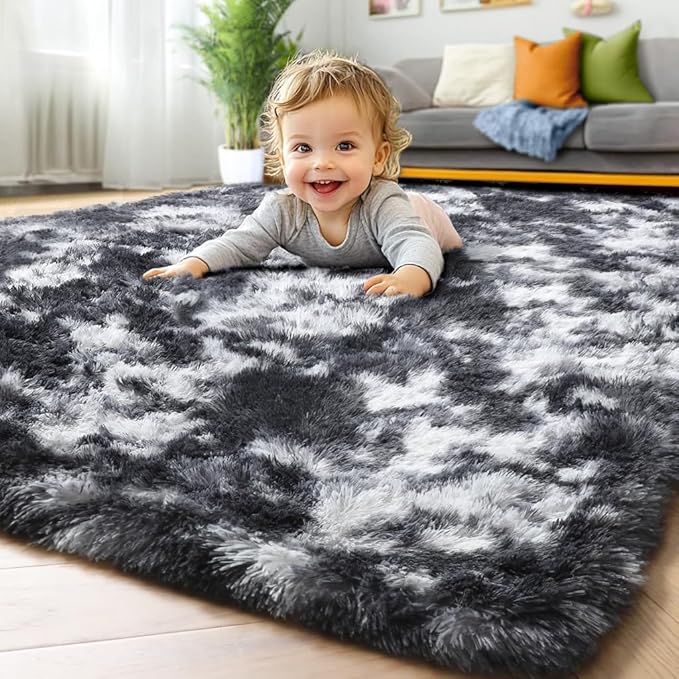 ONASAR Black and White Area Rugs for Living Room, 5x8 Fluffy Bedroom Rug, Soft Plush Shag Floor Carpet for Nursery Kids Girls Boys Teen Baby Dorm Bedside Playroom Indoor Home Decor Aesthetic