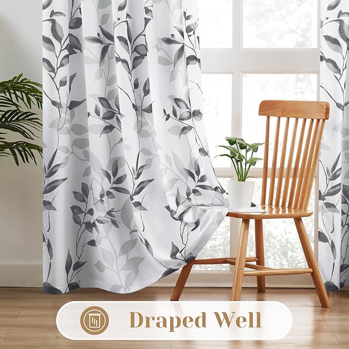 HOMEIDEAS Grey and White Semi Sheer Curtains, 84 Inches Long Light Filtering Drapes, Gray Leaf Printed Privacy Sheer Curtains for Bedroom Living Room, 2 Panels