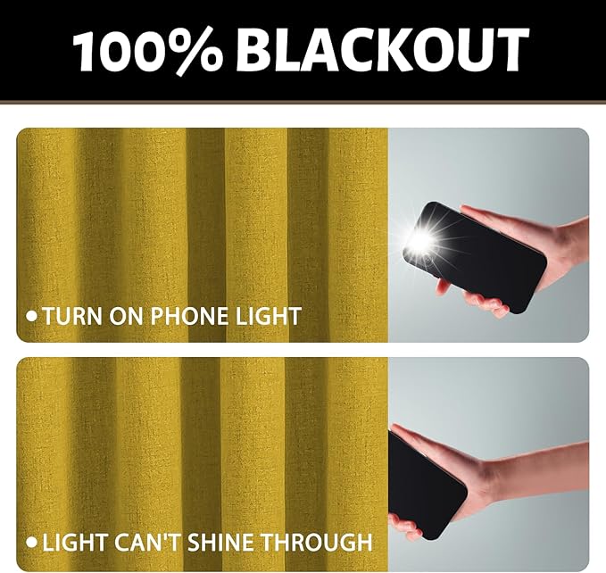 Yakamok Mustard Yellow Linen Curtains 100% Blackout 84 Inches Long,Room Darkening Textured Curtains for Living Room Thermal Grommet Bedroom Curtain 2 Panels with White Liner