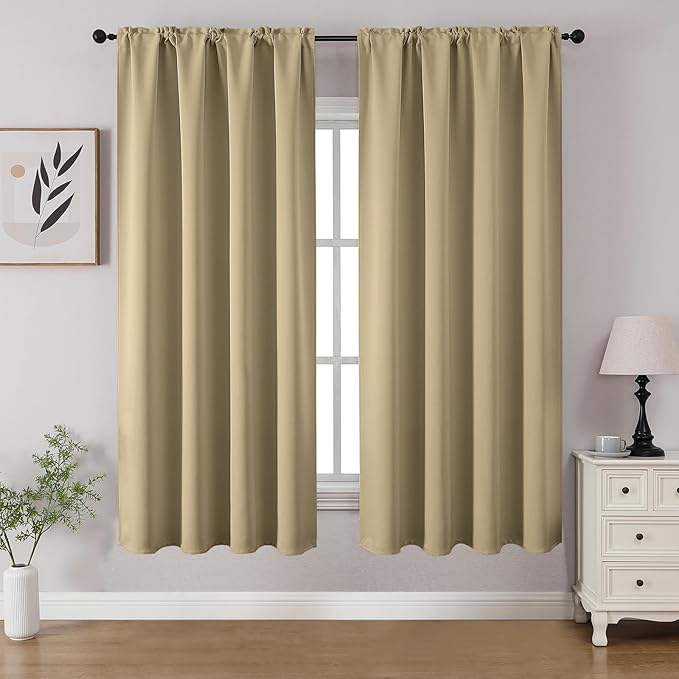 CUCRAF Beige Blackout Curtains 54 inch Length 2 Panels Set, Rod Pocket Room Darkening Drapes for Bedroom Living Room, Insulated Thermal Light Blocking Window Curtain (W52 x L54 Inch)