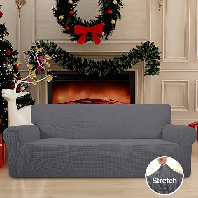 Easy-Going Stretch Sofa Slipcover 1-Piece Sofa Cover Furniture Protector Couch Soft with Elastic Bottom for Kids, Polyester Spandex Jacquard Fabric Small Checks (Sofa, Gray)