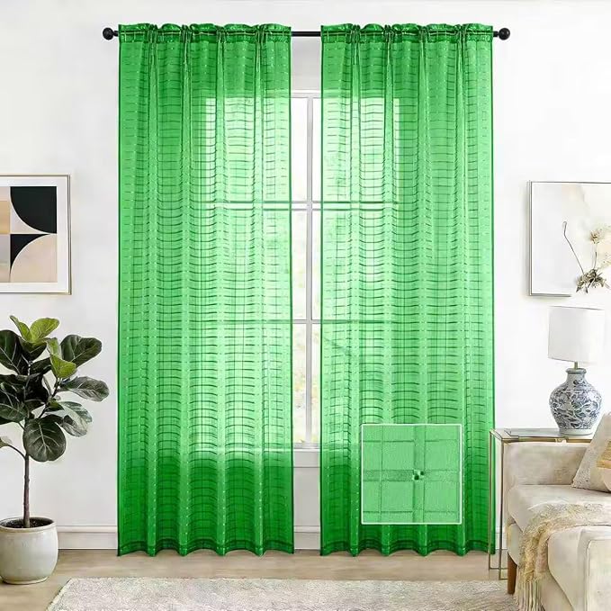 SpaceDresser Check Sheer Curtains 54 Inches 2 Panels Set, Rod Pocket Plaid Window Curtain for Living Room, Green Semi Sheer Drapes for Kitchen Bedroom Children Room Yard（Green, 52W x 54L）