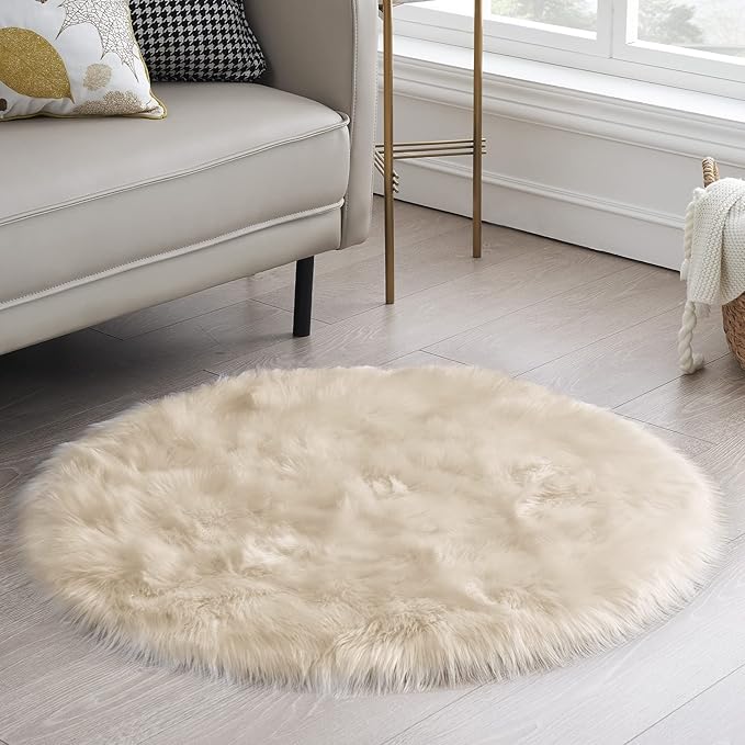 Ciicool Round Fur Fluffy Area Rug for Bedroom, Beige Faux Fur Rugs Furry Circle for Kids Room, Cute Furry Nursery Carpet, Plush Shag Circular Rugs Floor Carpets for Teen Girl Room, 3x3 Ft