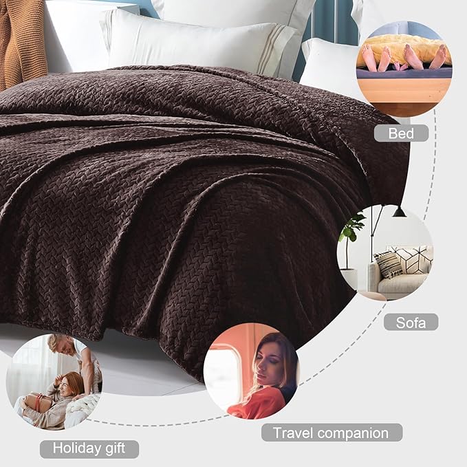 Exclusivo Mezcla Fleece Queen Size Blanket for Bed, 90x90 Inches Soft Cozy Jacquard Flannel Blankets, Lightweight Fuzzy Plush Warm for Women, Coffee