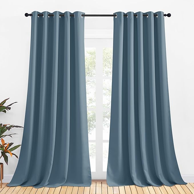 NICETOWN Bedroom Curtains Blackout Drapery Panels, 2 Panels, 70 x 108 inches, Smoky Blue, Three Pass Microfiber Thermal Insulated Solid Ring Top Blackout Window Curtains/Drapes