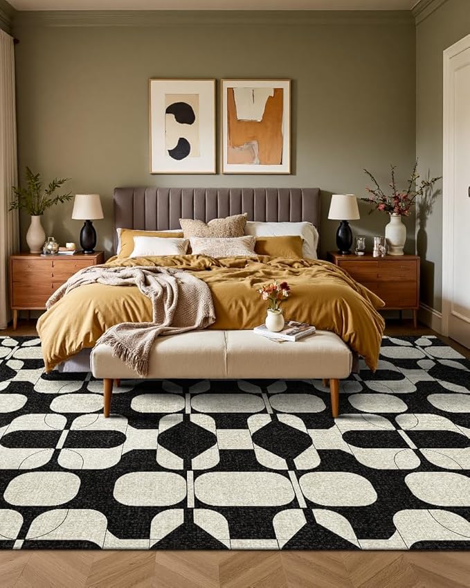 Latte&Fog 6x9 Area Rugs for Living Room Bedroom, Black Vintage Washable Rug, Boho Non Slip Low Pile Carpet for Indoor Dining Room, Dorm, Classroom,College Dorm,Farmhouse and Home Office - Black Beige