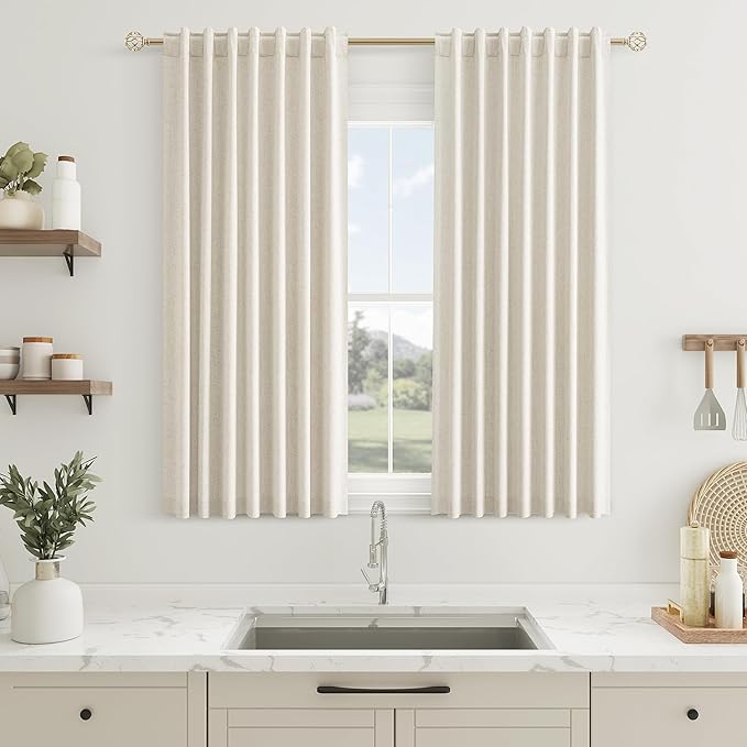 Guken 100% Blackout Curtains 45 Inch Length 2 Panels Set for Living Room Bedroom Back Tab Thermal Insulated Black Out Linen Drapes Room Darkening Window Curtains 45 Inches Long