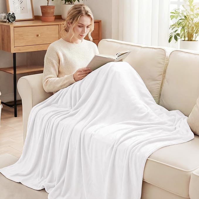 Exclusivo Mezcla Fleece Blanket Twin Size for Bed, Super Soft and Warm, All Season, Cozy, Plush, Lightweight, 90x66 Inches, Pure White