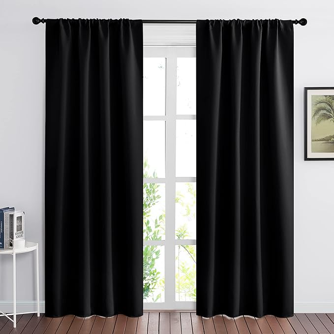 RYB HOME 2 Panels Blackout Doorway Curtains, Thermal Insulated Privacy Rod Pocket Easy Installation Drapes for Living Room Bedroom Dining Room, Width 34 by Length 80, Black
