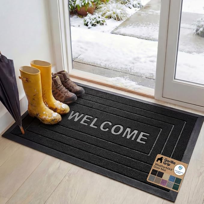 GORILLA GRIP 100% Waterproof All-Season WeatherMAX Doormat, 47x35, US Designed Natural Rubber, Stain and Fade Resistant, Low Profile Indoor Outdoor Door Mats, Easy Clean Patio Mat, Black Welcome