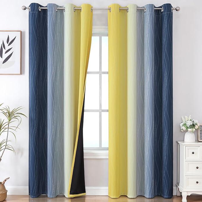 Estelar Textiler Navy Blue and Yellow Ombre Blackout Curtains 102 Inches Long for Bedroom, Thermal Insulated Full Room Darkening Grommet Gradient Drapes for Living Room, 52Wx102L, 2 Panels