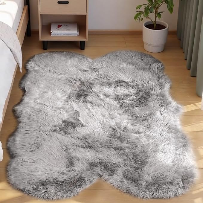 Goolela Faux Sheepskin Fur Rug 4x6 Grey Fluffy Fuzzy Furry Area Rug for Bedroom Playroom Plush Shaggy Washable Irregular Sheepskin