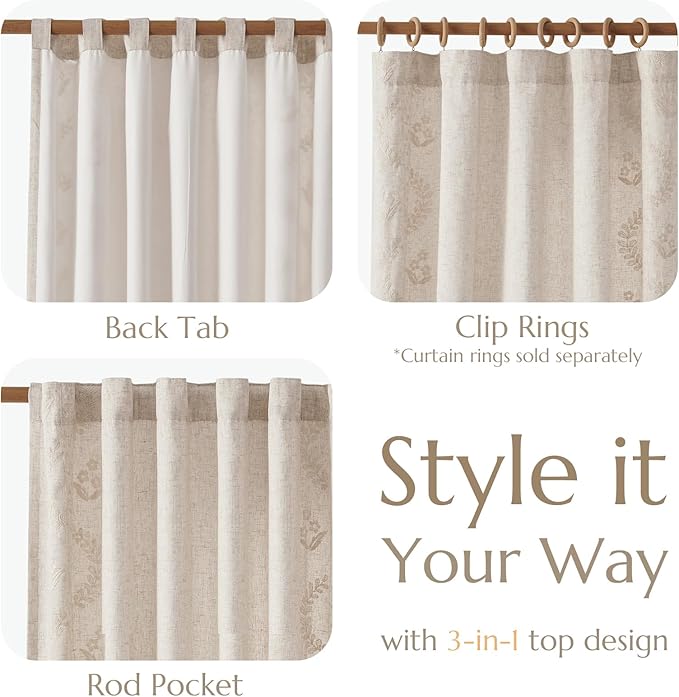 jinchan Belrose Lined Linen Blend Curtains Boho Floral Curtains for Bedroom 63 Inch Length Ivory Embroidered Drapes Rod Pocket Farmhouse Flower Drapes for Living Room Window Treatments Set 2 Panels