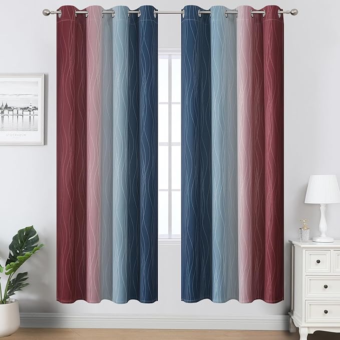 Estelar Textiler Navy Blue and Burgundy Red Ombre Blackout Curtains for Living Room,Energy Efficient Room Darkening Drapes, Grommet Thermal Insulated Window Treatments for Bedroom,52Wx72L,2 Panels