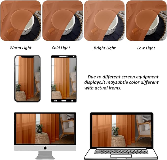 Chyhomenyc Orange Sheer Curtains 45 Inch Long 2 Panels, Light Filtering Rod Pocket Voile Short Curtains Drapes for Living Room Bedroom Small Windows, 42Wx45L Inches
