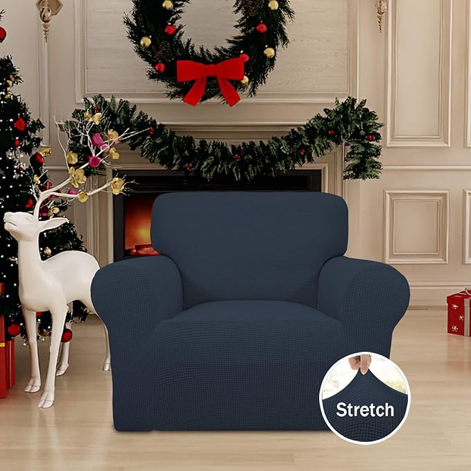 Easy-Going Stretch Chair Sofa Slipcover 1-Piece Couch Sofa Cover Furniture Protector Soft with Elastic Bottom for Kids, Pet. Spandex Jacquard Fabric Small Checks (Chair, Dark Blue)