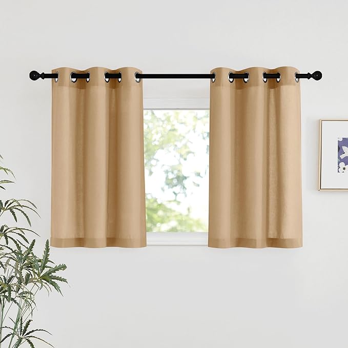 NICETOWN Burlap Linen Kitchen Window Curtains Over Sink, Grommet Thick Linen Burlap Short Window Treatments Privacy Assured with Light Filtering for Bedroom/Bathroom, W34 x L36, 2 Panels