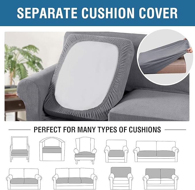 H.VERSAILTEX 4 Piece Stretch Sofa Covers for 3 Cushion Couch Covers for Living Room Furniture Slipcovers (Base Cover Plus 3 Seat Cushion Covers) Thicker Jacquard Fabric (Large Sofa, Dove)