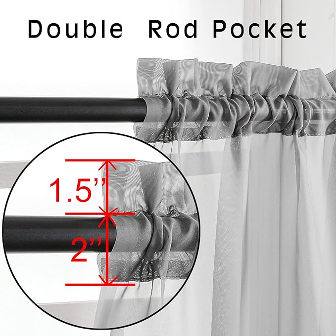 OVZME Voile Sheer Curtains with Decorative Rod Pocket, Modern Airy and Clean Selvedge Window Treatment Panels for Kitchen Room, Each 42" W x 45“L, Set of 2 Panels, Charcoal Grey.
