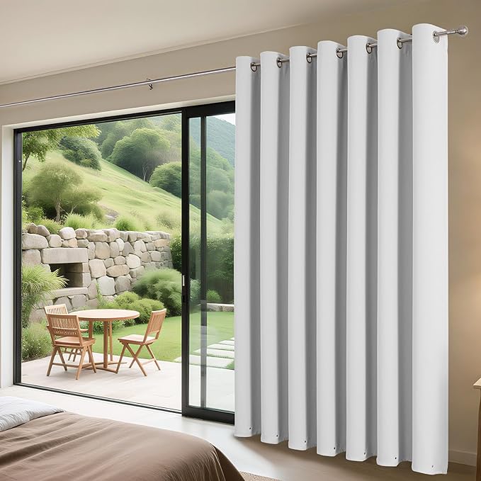 Joydeco Blackout Patio Sliding Door Curtains 84 Inches Long, Grommet Privacy Room Divider Curtains, Extra Wide Thermal Blackout Drapes for Bedroom Living Room (Greyish White, 80Wx84L, 1 Panel)