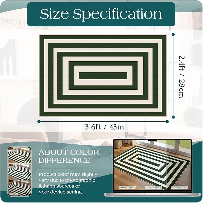 Modern Outdoor Rug - 28" x 43" Front Door Mat Indoor Outside Entrance Non-Slip Washable Outdoor Mat Green White Border Striped Rug for Entryway Kitchen Bedroom Layered Doormat for Front Porch