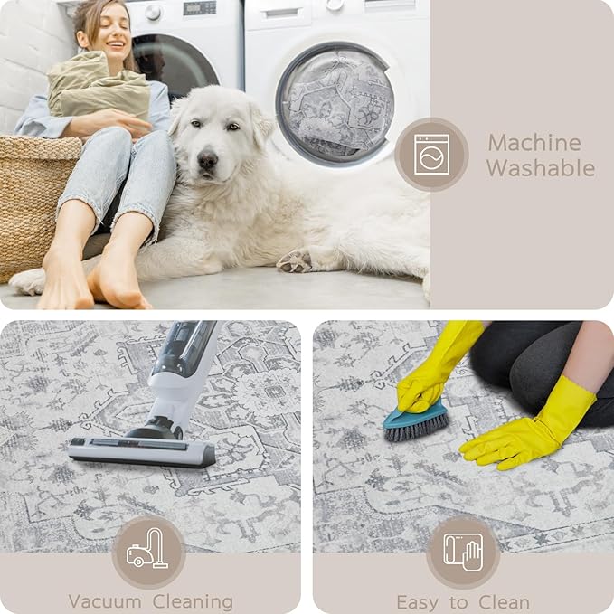Srugn Area Rugs 5x7 Washable Area Rugs for Living Room- Ultra Soft Non-Shedding Faux Wool Bedroom Rug Grey Vintage Print Rugs Non Slip Dining Room Rugs Large Floor Carpet for Farmhouse Home Office