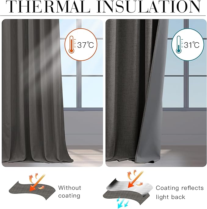 RYB HOME Grey Linen 100% Blackout Curtains for Bedroom 120 inch Long 52 inch Width, Extra Long Drapes Thermal Insulated&Privacy Assurd for Sliding Glass Doors/Dining, Back Tab&Rod Pocket, 2 Panels