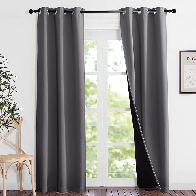 NICETOWN Grey Full Shade Curtain Panels, 37" Wide x 80" Long, Gray, Pair of Thermal Insulated & Energy Efficiency Blackout Curtains for Living Room Windows, Lined Silky Performance Window Dressing