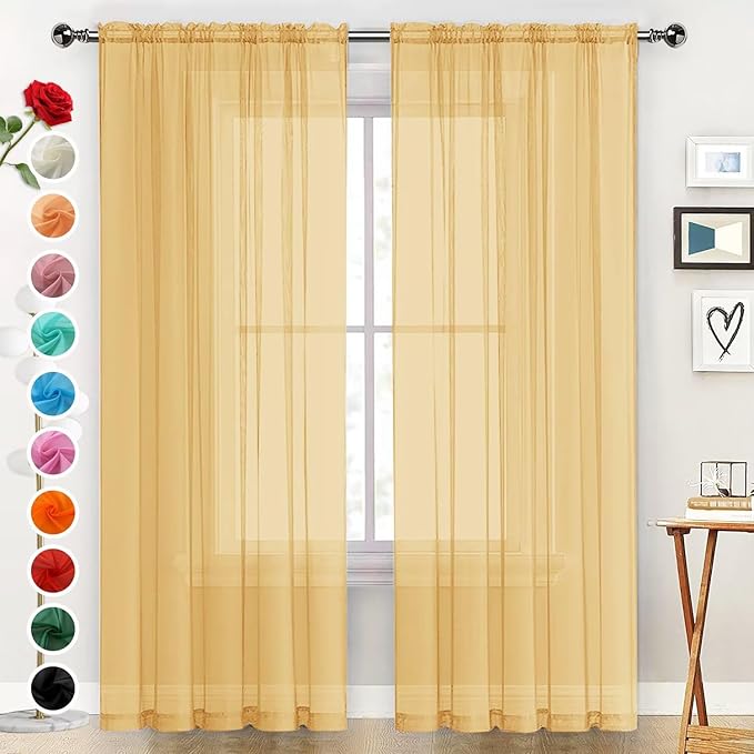SpaceDresser Basic Rod Pocket Sheer Voile Window Curtain Panels Gold 1 Pair 2 Panels 52 Width 54 Inch Long for Kitchen Bedroom Children Living Room Yard（Gold, 52W x 54L）