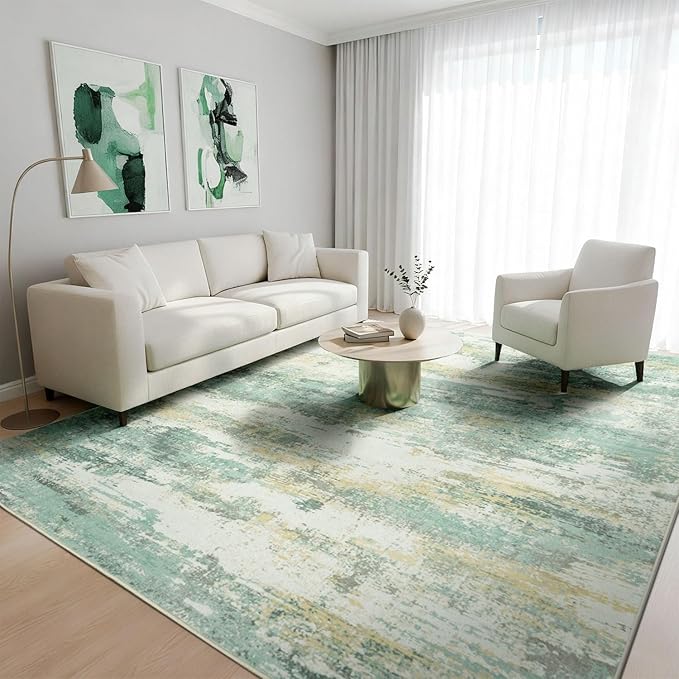 Rugflix 8x10 Area Rugs for Living Room, Washable Large Rug Stain-Resistant Low Pile, Modern Carpet for Dining Room Home Office Kid Room Nursery Bedroom, Light Green